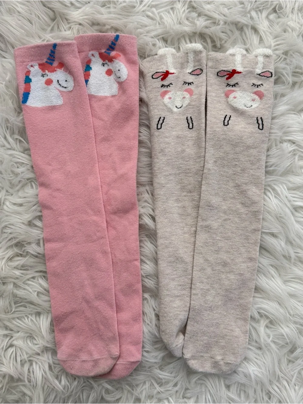 Cute Kids Unicorn and Cow Knee-High Socks - Pink & Cream (2 Pairs)